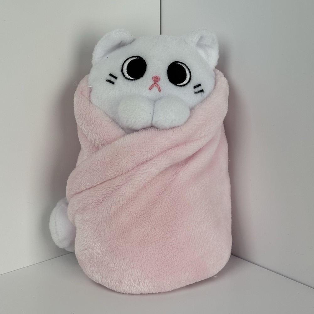 UNCUTE PURRITOS MOCHI WHITE KITTEN BABY WRAPPED IN PINK LOVEY BLANKET PLUSH